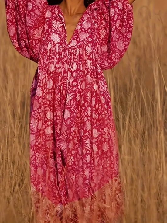 Dresses & Skirts - Floral Pink Midi Dress with Puff Sleeves